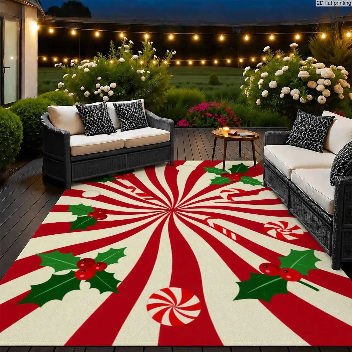 1pc Large Red White Radial Striped Rug, Candy Cane & Holly Berry Pattern, Home Decor Mat for Living Room, Bedroom