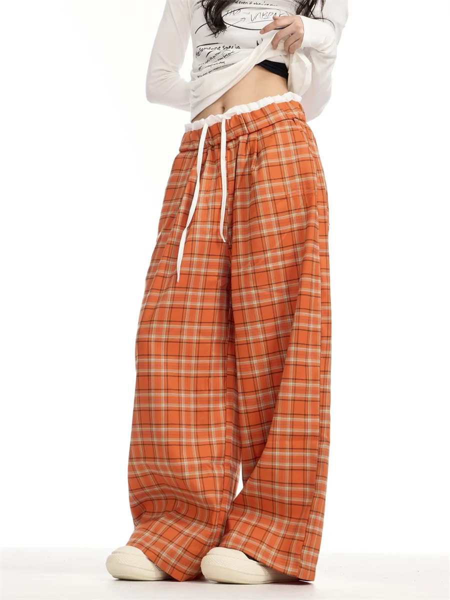 กางเกงลำลองลายสก็อตสีส้มสไตล์อเมริกันย้อนยุคทรงหลวมเอวสูงขาตรงยาวสำหรับผู้หญิง ใส่ได้หลายโอกาส