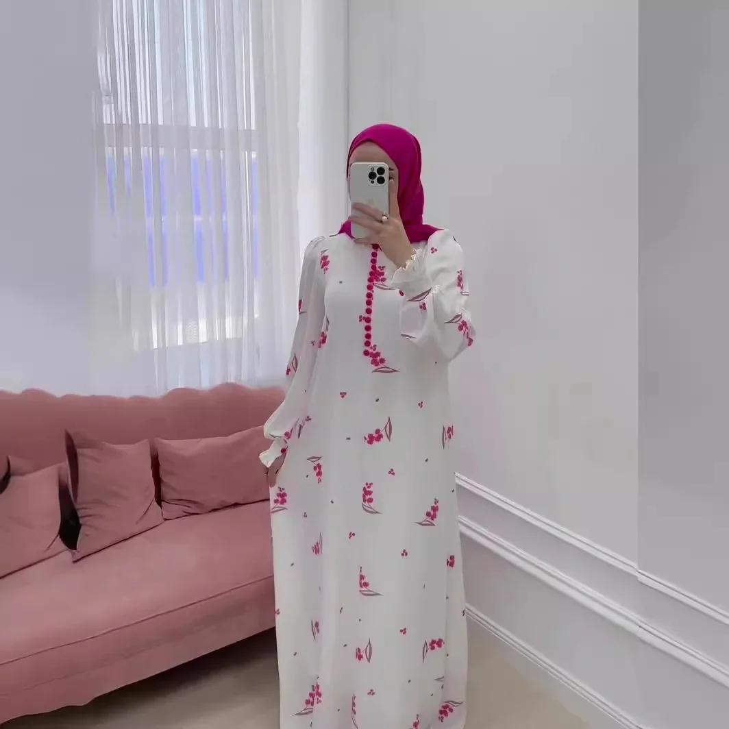 Turkey Arabic Muslim Dress Women Spring Little Fresh Floral  Dress for Women Dubai Abaya Loose Printed Long Robe Femme Vestidos