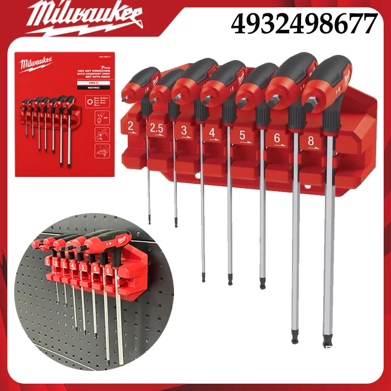 Milwaukee 4932498677 T-Handle Ball End Hex Key Set, 7Pcs 2-8mm Allen Wrench with Storage Rack Hand Tool