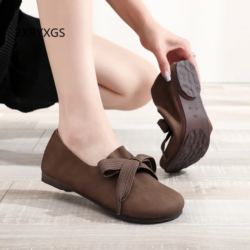 

ZXRYXGS Повседневная обувь премиум-класса из мягкой воловьей кожи в стиле ретро, женская обувь на плоской подошве, осень 202, удобная модная обувь на мягкой подошве со шнуровкой, размер 32-43