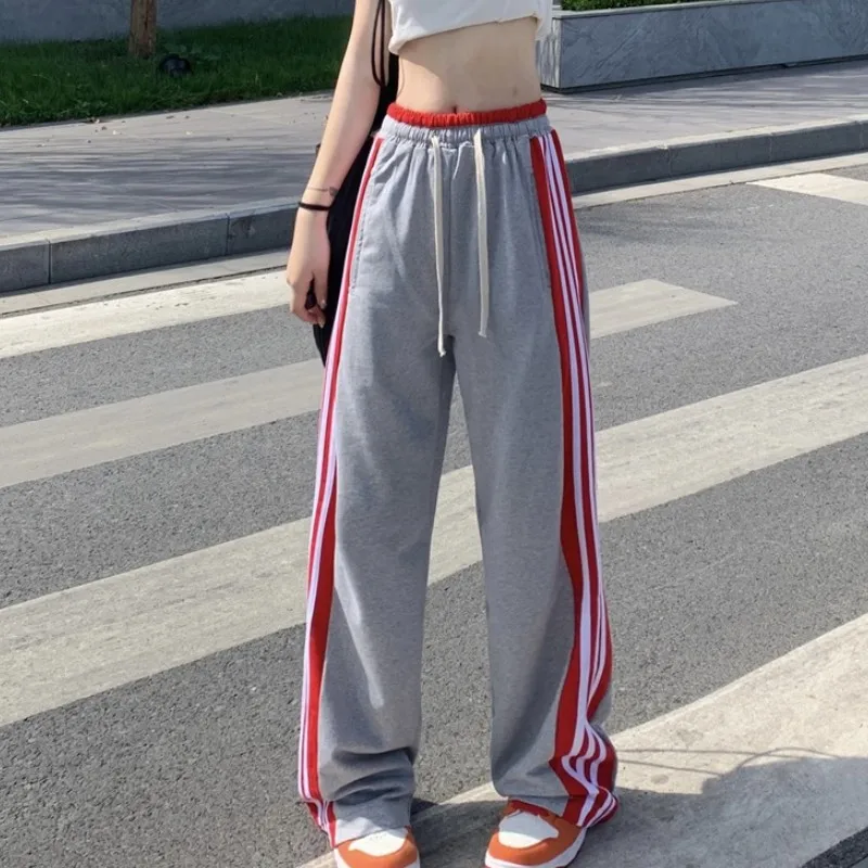 

Women's Grey Drawstring Sweatpants Fashion High Waist Straight Wide Leg Pants Simplicity Baggy Bind Feet Trouser Ladies Autumn