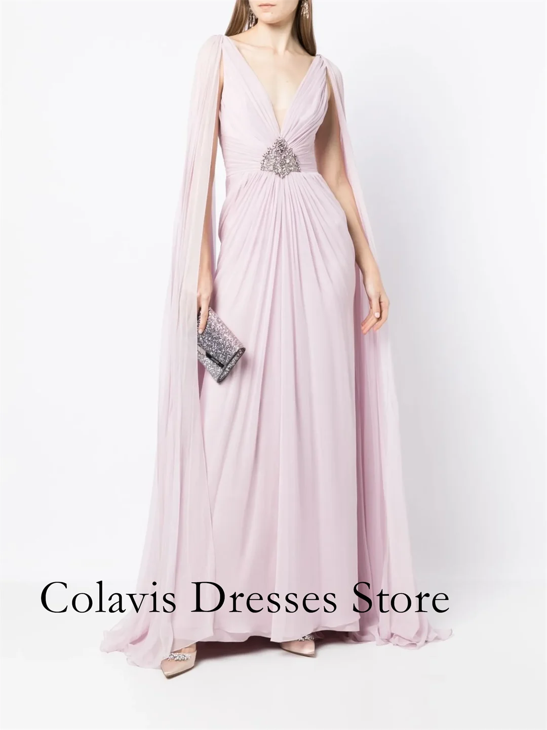 

2025 Customized Long Cape Sleeves Pink Mermaid Chiffon Beaded Prom Dresses Evening Dress Women Evening Gowns Formal Party Dress