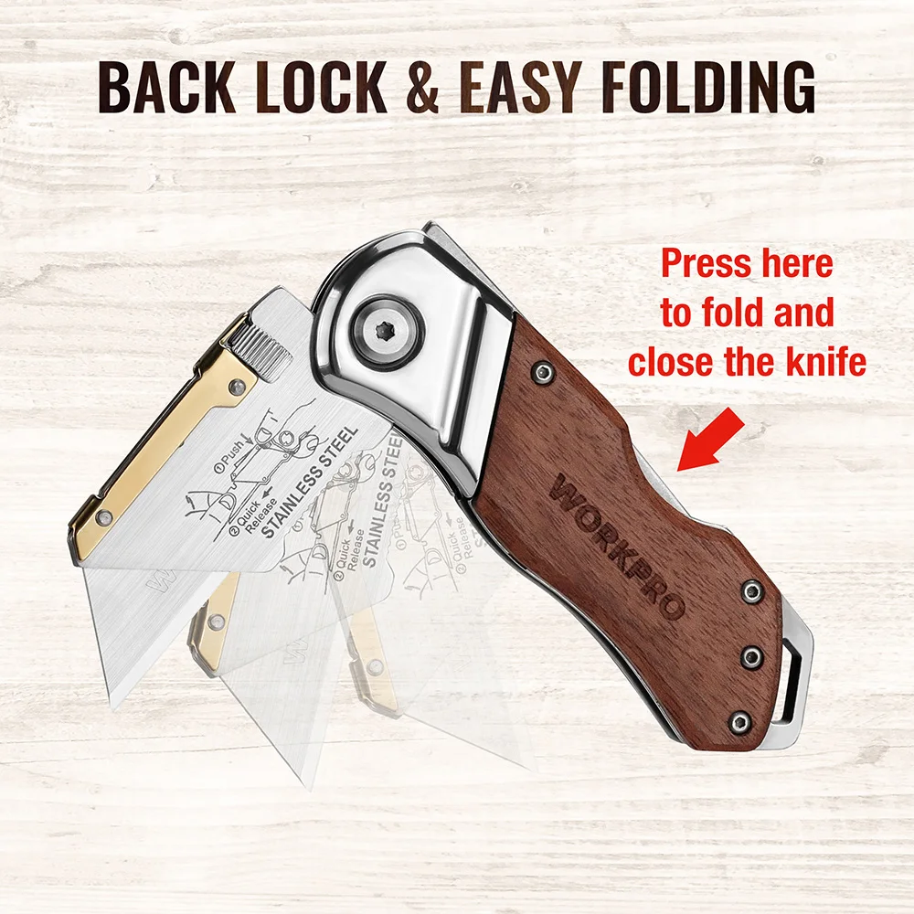 WORKPRO Folding Pipe Cutter Pocket Wood Handle Knife With 10/20PCS Blades_desvips.com