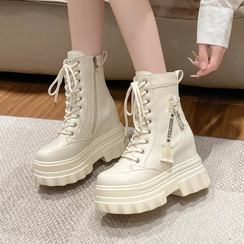 النساء الأحذية الجديدة الشتاء دراجة نارية الأحذية 9.5 سنتيمتر إسفين الكعوب عالية منصة جلدية مكتنزة أحذية امرأة الخريف سميكة وحيد فاسق الأحذية #5