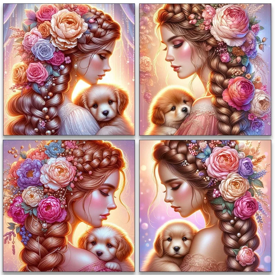 

5D Алмазная головоломка, вышивка крестиком, цветочная девочка и собака, все алмазные головоломки, вышивка, украшение для дома, подарок