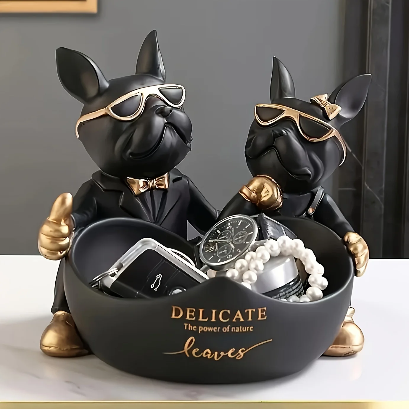 

[Resin Bulldog Statue Tray] Decorative Resin Bulldog Statue Tray - Classic Key and Glasses Holder, Pet Jewelry Organizer