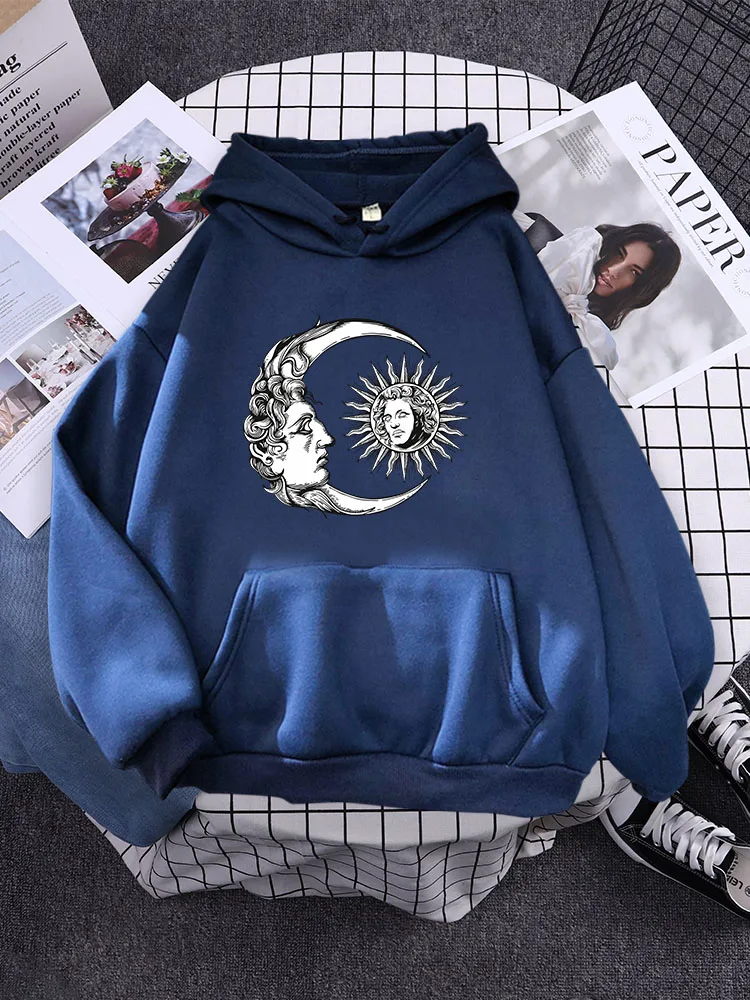 

sun and moon hand drawn High Street Style Women Hoody Aesthetic Warm Sweatshirts Creativity Sweatshirt Loose Soft Outerwears