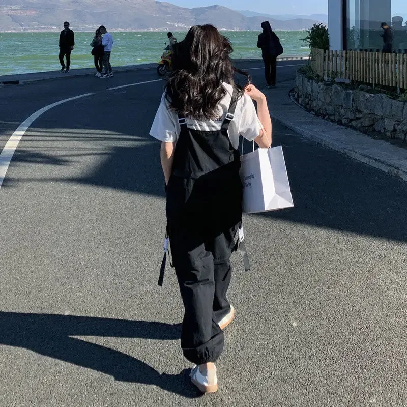 Macacões de carga feminino gótico vintage bolsos cinto streetwear kawaii verão destacável calças largas moda bf coreano preppy