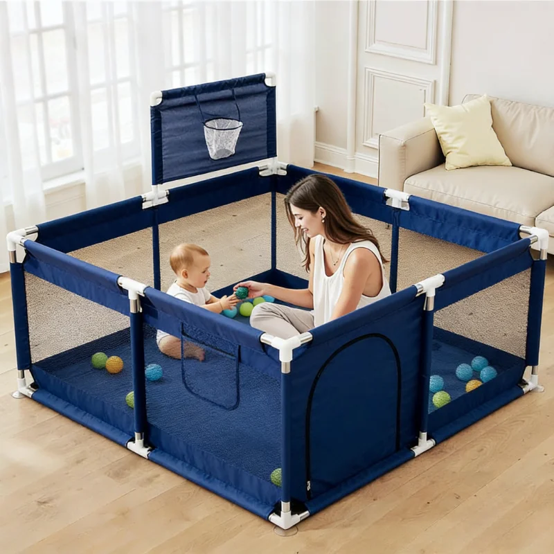 Parque de juegos para bebés con aro de baloncesto, corral de juegos de 128 x 128 cm para niños pequeños, centro de actividades interior para niños con puerta, corralito para bebés