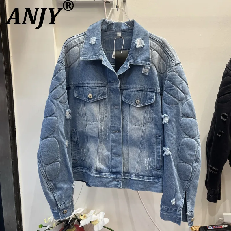 ANJY Spring Autumn New Women European Style Washed Ripped Patchwork Denim Jacket Versatile Distressed Design Stylish Coat A28522