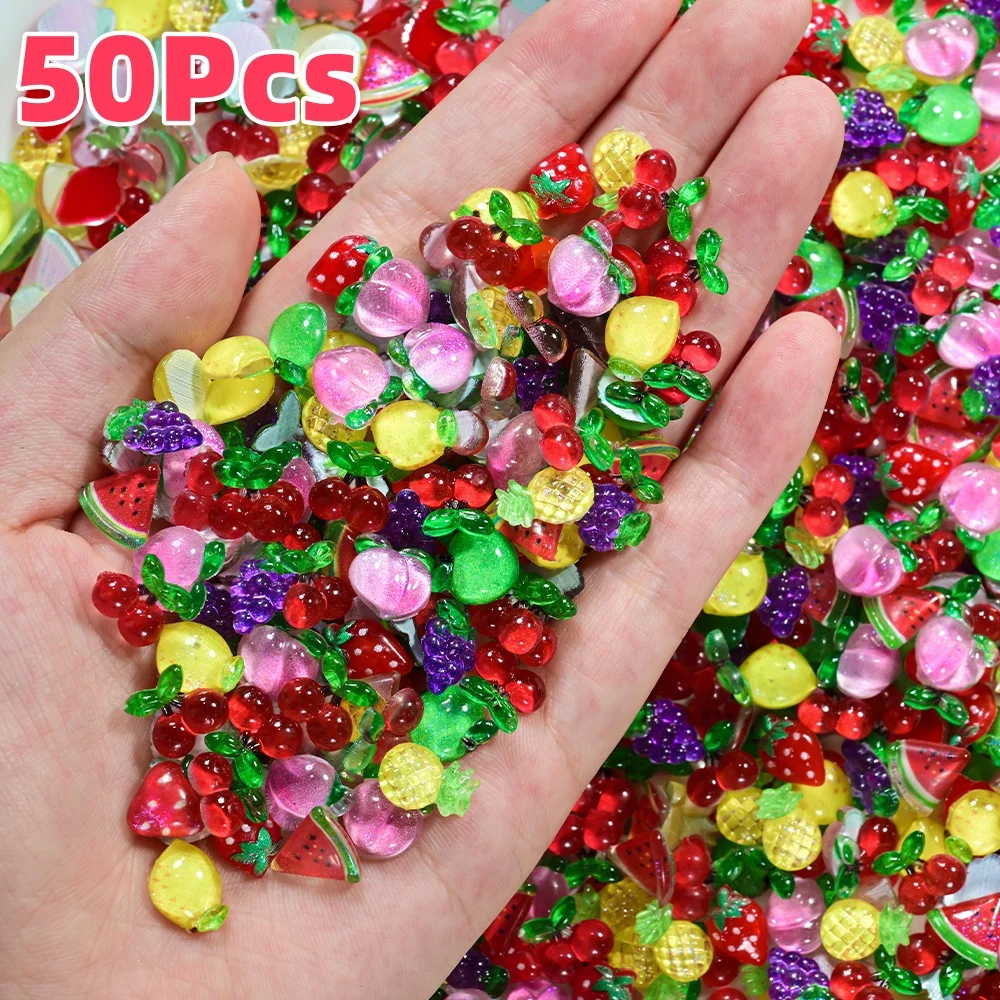50Pcs 3D Summer Fruits Nail Charms Mini Resin Watermelon/Cherry/Strawberry/Lemon/Apple Nail Art Decorations DIY Manicure Parts &