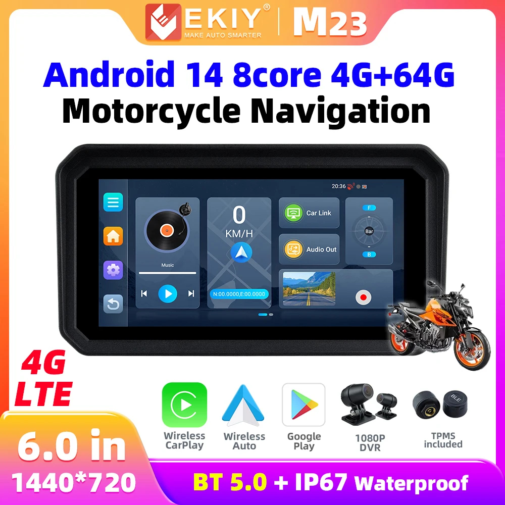 EKIY 8 Core Android 14 Wireless CarPlay Android Auto Motorbike