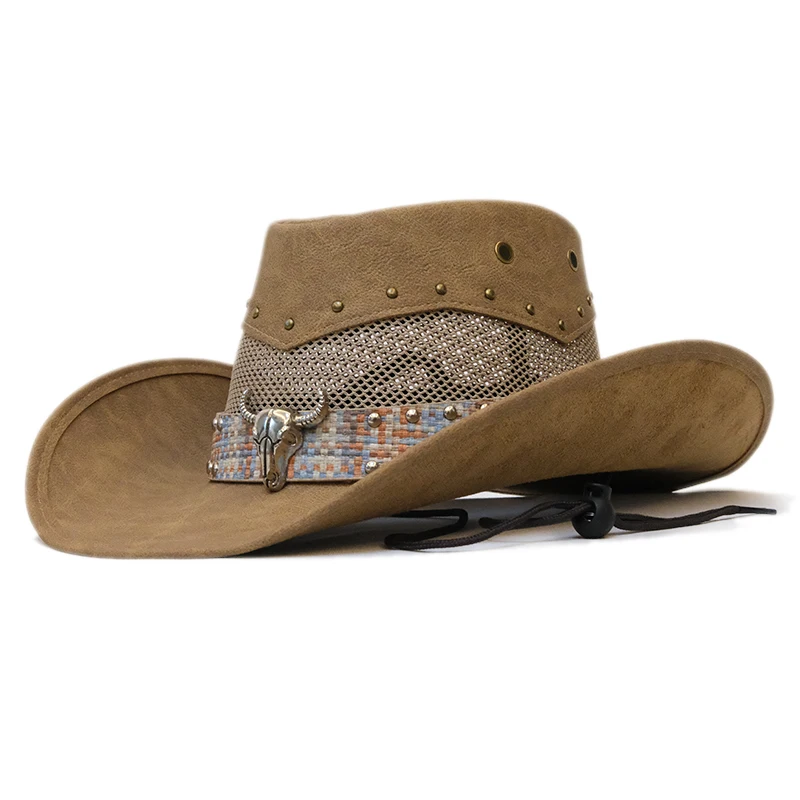 Men Women Retro OX Head Leather Belt  PU Roll Up Wide Brim Sombrero Sun Cap Beach Cowboy Cowgirl Western Hat Adjust 56-61cm