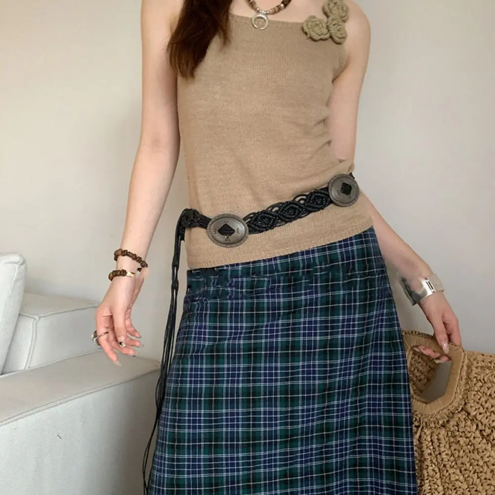 Simple Waistband Ethnic Style Weave Belt woven Hollow Bohemian Style Belt Round Ring Retro Tassel Waist Chain Daily