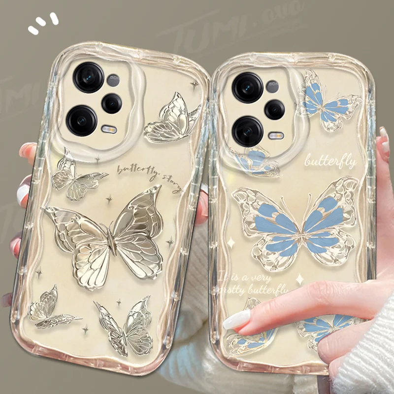 Glitter Metal Butterfly 3D Wave Case For Xiaomi Redmi Note 13 12 11 Pro Plus 4G 5G 12S 11S 10 10S 9 9S 8 13C 12C 10C Turbo 3