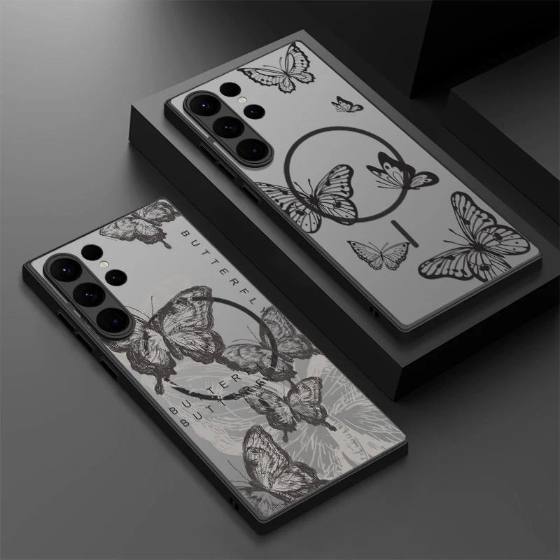 Magnetic Matte Case For Samsung Galaxy S26 S25 S24 Ultra S23 S24 S25 FE S22 Plus For Magsafe Hollow Out Butterfly Phone Cover
