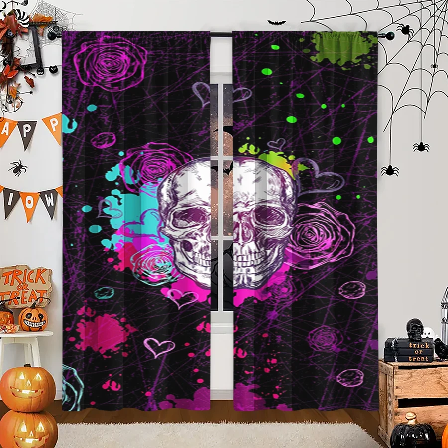 2PCS Digital Print Curtain, Splatter Skull Rose Heart Paint Black, Punk Rock Gothic for Living Room Bedroom Kitchen Decor