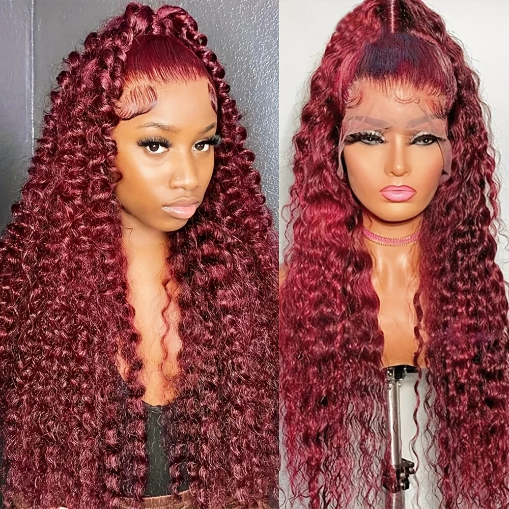 

30 Inch 99j Burgundy Curly Human Hair Wig 13x6 Deep Wave Lace Front Wigs Human Hair Red Wine Transparent HD Lace Wig Pre Plucked