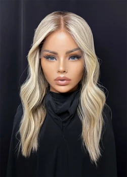 Onda natural peruca dianteira do laço loira dourada destaques sintético misturado peruca de cabelo humano perucas baratas na folga sem cola wear e ir