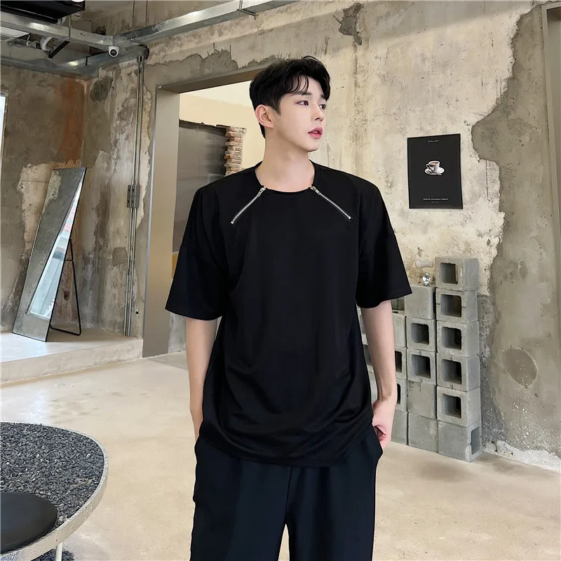 

SYUHGFA 2024 Solid Color Zipper T-shirt New Korean Style Short Sleeve Round Collar Off Shoulder Casual Male Tops Summer