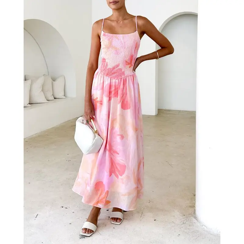 Abito estivo da donna senza maniche con apertura sul retro, spalline sottili, stampa floreale tie-dye, abito da spiaggia lungo a trapezio con smock