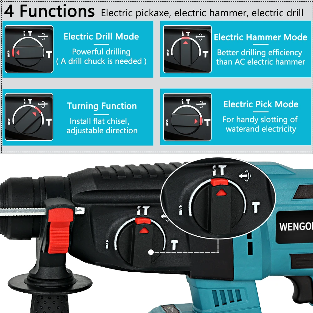 18V 26MM Brushless Rotary Hammer Drill Cordless  Rechargeable Electric Hammer impact Drill Perforator fit Makita 18V Battery