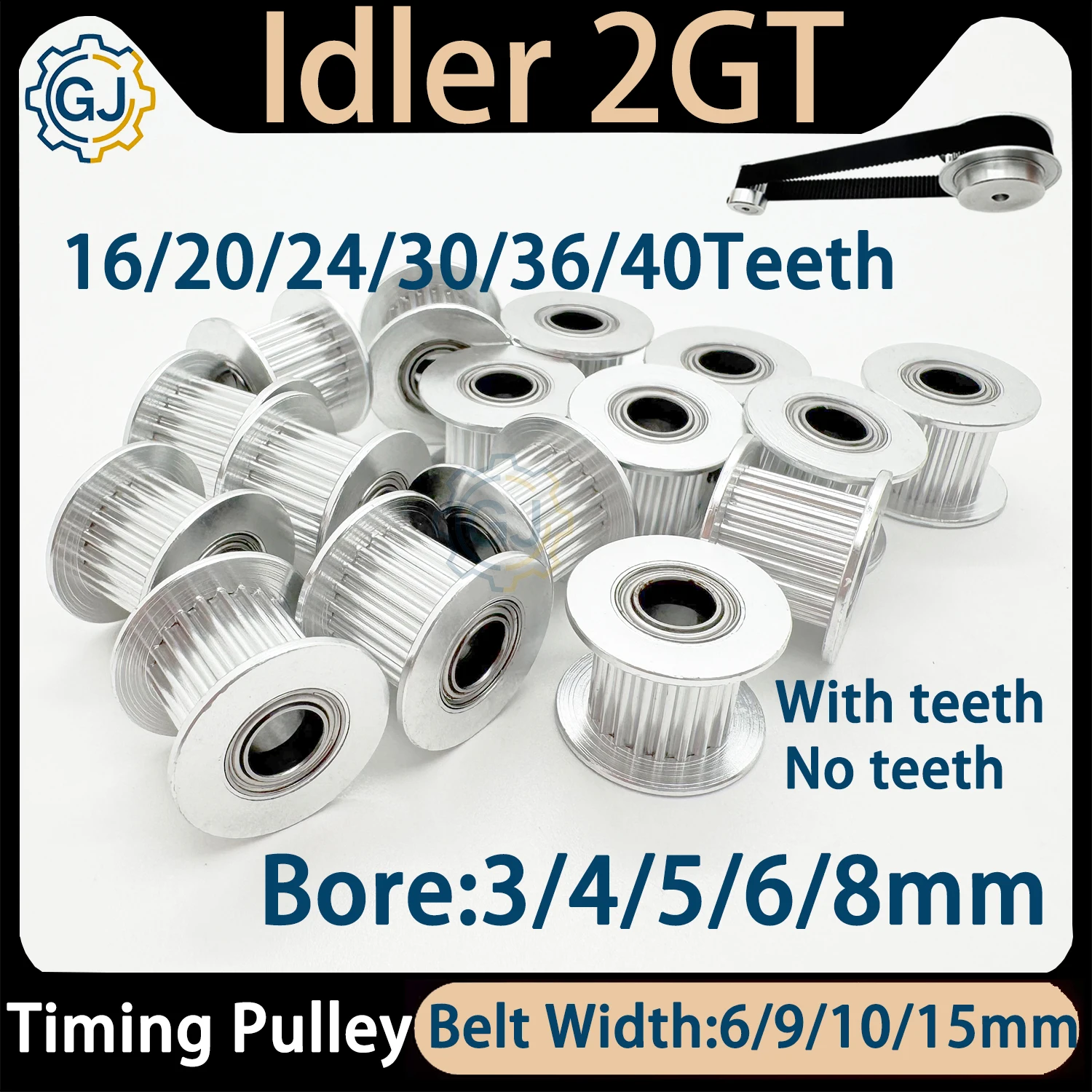 16T 20T 24T 30T 36T 40T 2GT Idler Timing Pulley Bore 3/4/5/6/8mm Width 6/9/10/15mm GT2 Synchronous Belt Idler T20teeth 40teeth