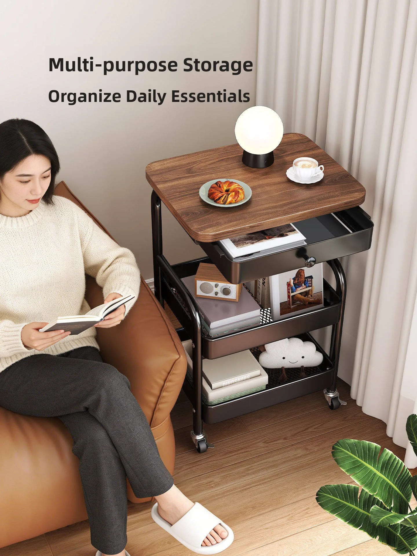 Vintage Style Mobile Storage Rack Coffee Table Side Table Snack Organizer Living Room Sofa End Table Bedside Table Organizer