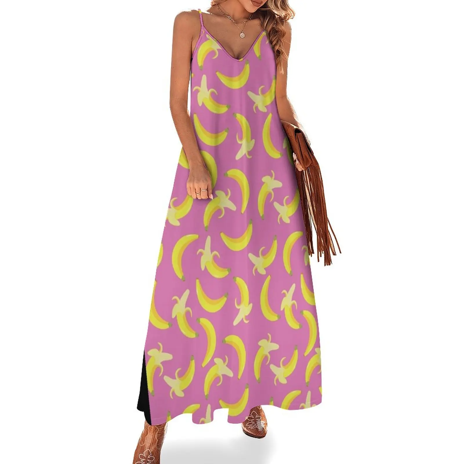 

Yellow Banana Pattern on Pink Background Sleeveless Dress african dresses for woman summer dresses womens 2024 Dresses