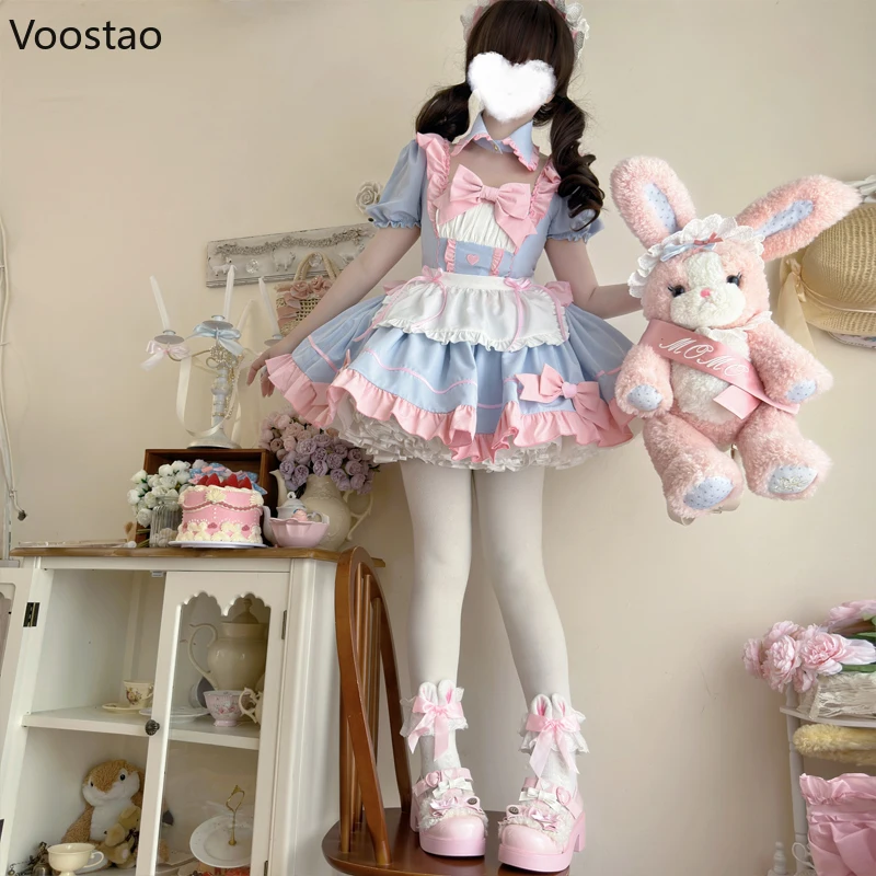 Conjunto de vestido de sirvienta Lolita de Anime para mujer, delantal dulce, manga abombada con lazo, disfraces de Cosplay de Halloween, vestidos de fiesta góticos para niñas, vestido lindo