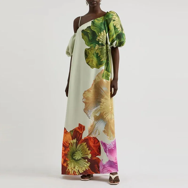 セクシーなレディース斜めネックハイウエストローブドレスビーチホリデーフラワープリントカジュアルドレス春夏パフスリーブポケットルーズドレス