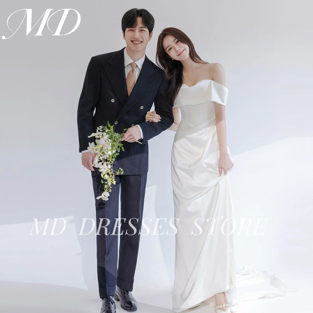 

MD Simple White Wedding Dresses Off Shoulder Pleat Mermaid Sleeveless Korea Photoshoot Floor-Length Brides Dresses Customized