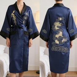 Novelty Reversible Black Red Women Kimono Yukata Satin Embroidery Dragon Nightgown One Size Robe Gown Two Side Sleepwear