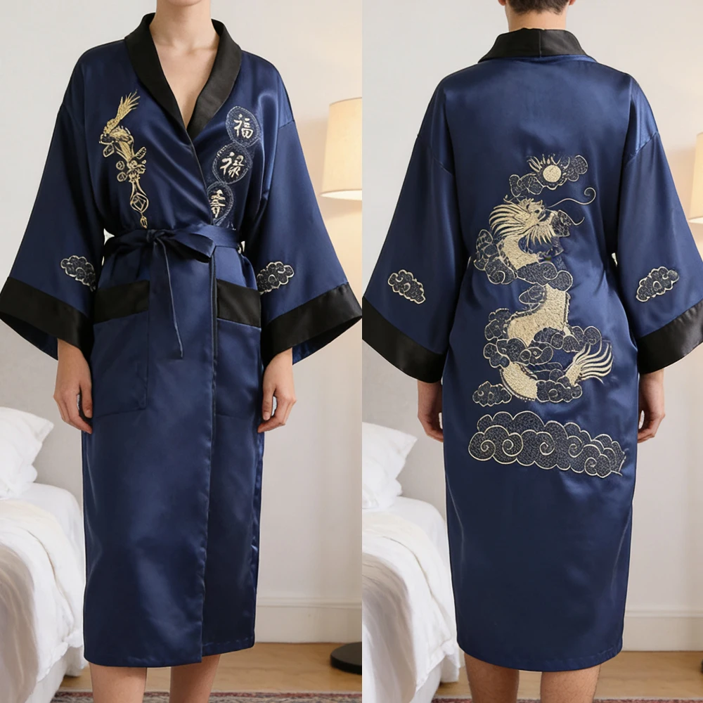 Novelty Reversible Black Red Women Kimono Yukata Satin Embroidery Dragon Nightgown One Size Robe Gown Two Side Sleepwear