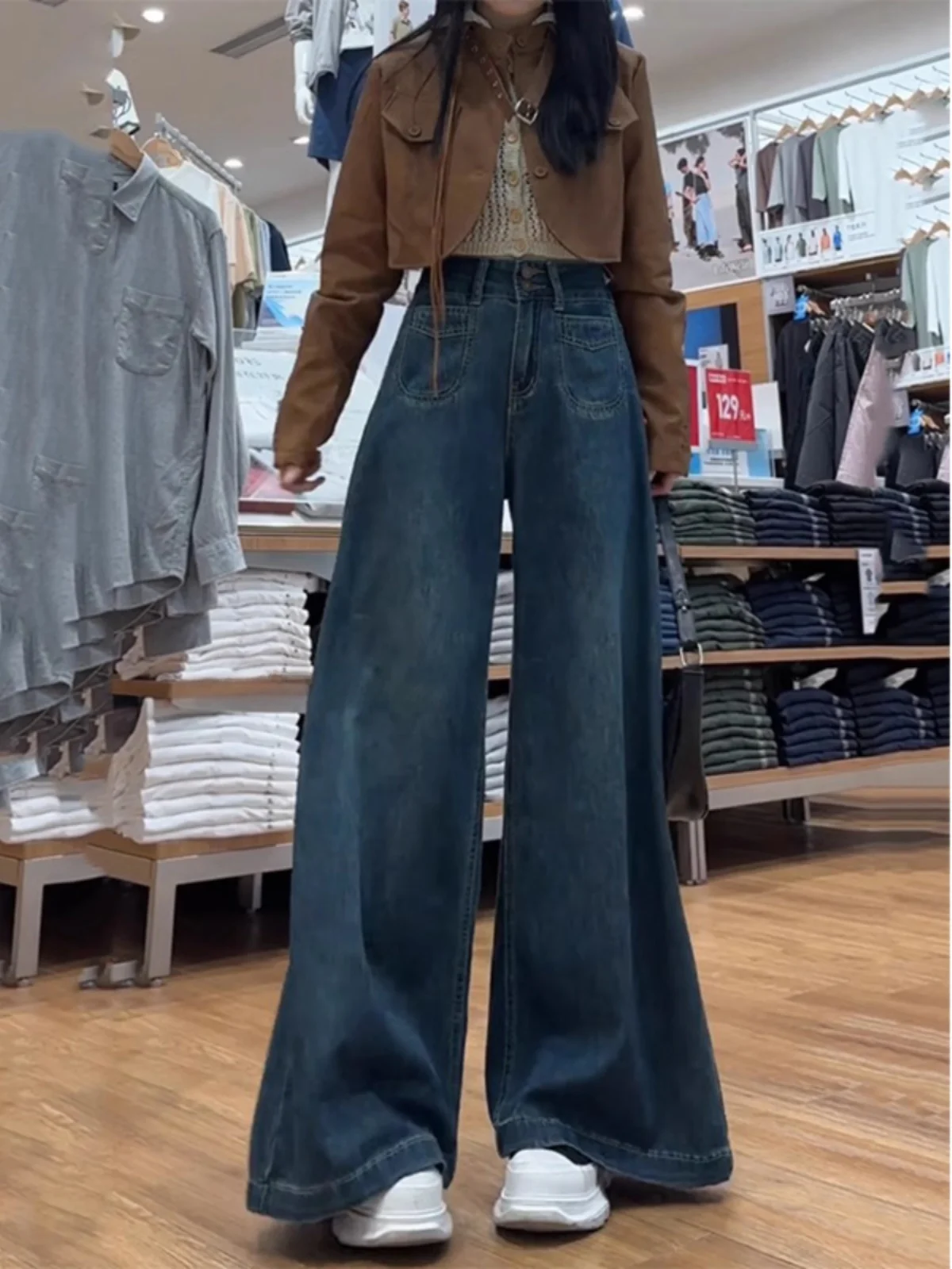 ディープブルー フェイスライン デニムジーンズ レディース 秋冬 プラスサイズ ルーズ スリム ラジースタイル ワイドレッグパンツ ハイウエスト ロング丈...