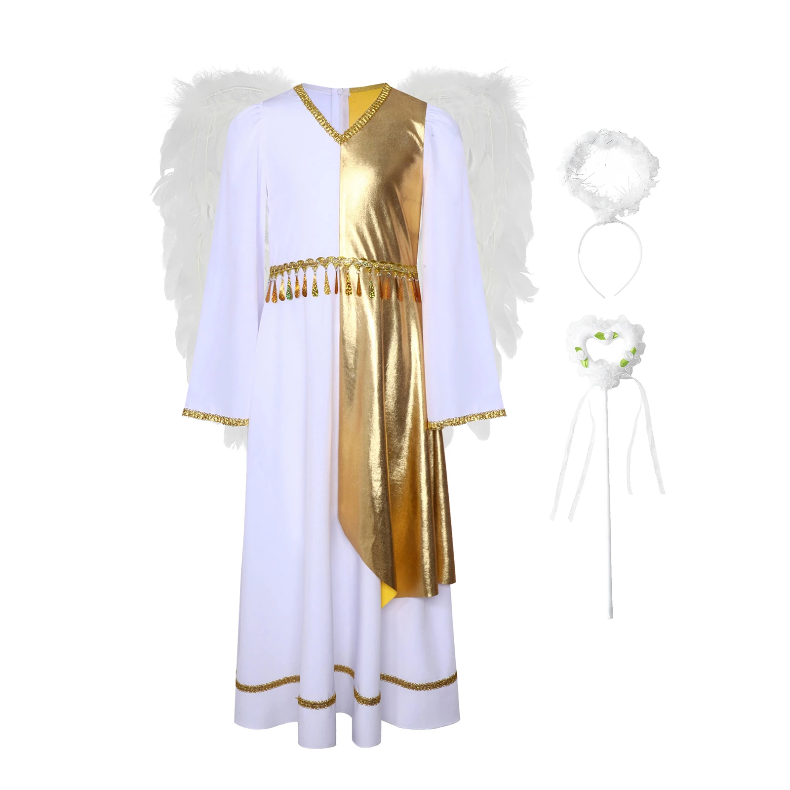 

4Pcs Halloween Girls Angel Cosplay Costume V-Neck Flared Sleeve Sequins Tassels Star Pattern Dress+Headband+Fairy Sticks+Wing