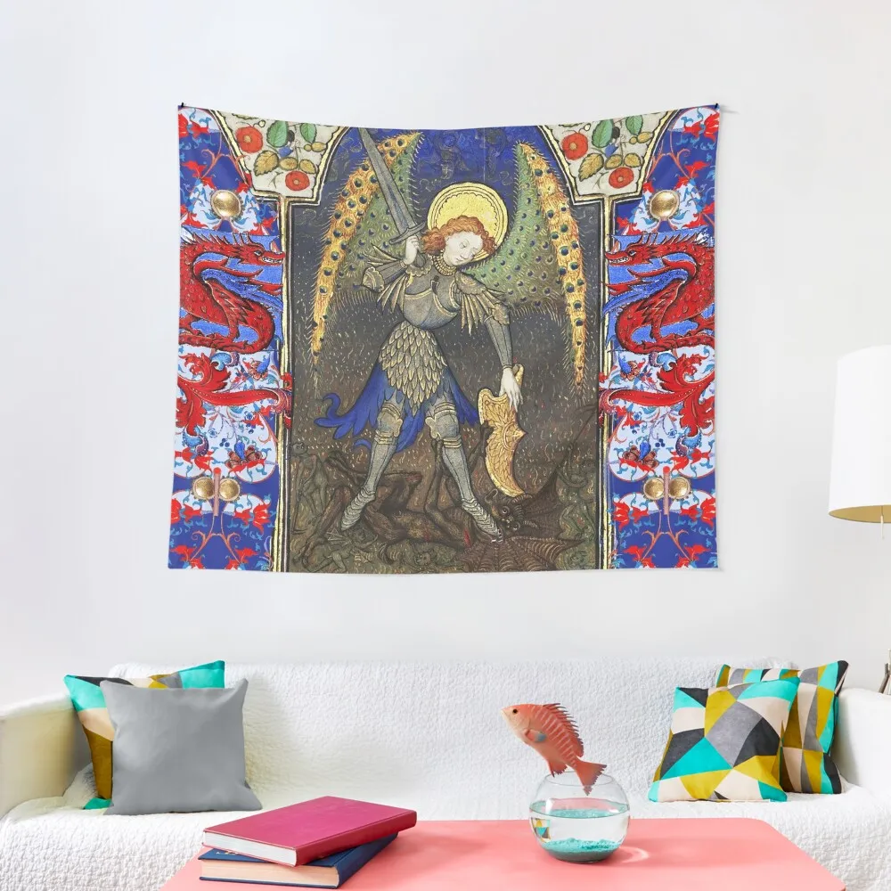 

ST. MICHAEL ARCHANGEL COMBATTING DEVIL AND RED DRAGONS Medieval Miniature Tapestry Room Design Tapestry