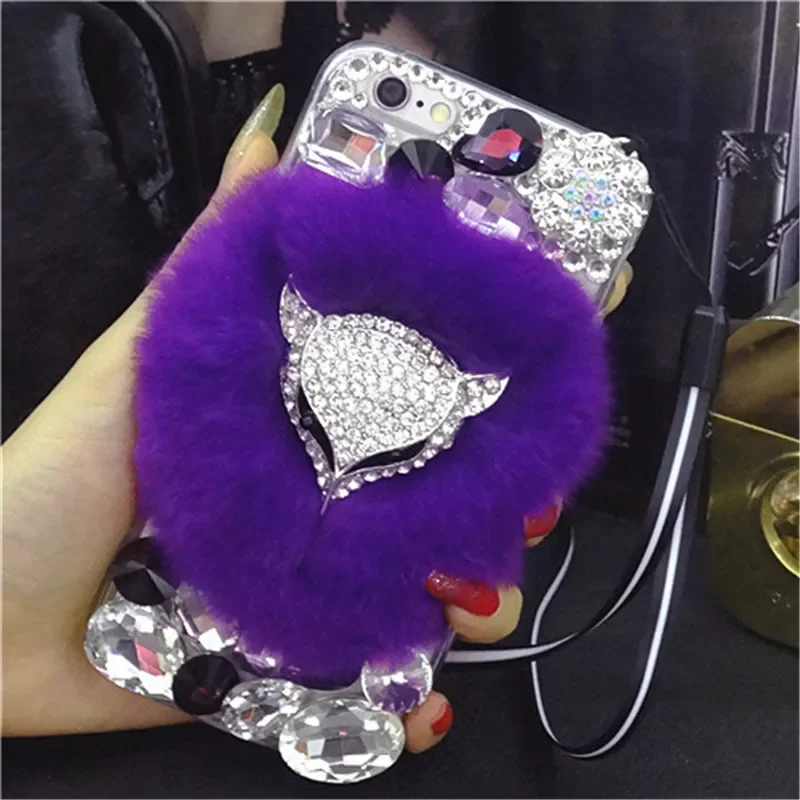 Luxury Bling Diamond Fox Head Warm Rabbit Fur Phone Cover for iphone 15 Plus 14 16 12 13 16Pro MAX XS XR 16PLUS phone Case