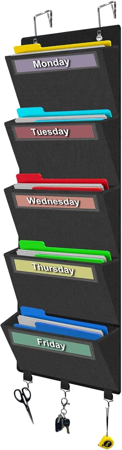 

Over the Door File Organizer with 5 Large Pockets for Papers, Charts, Mail, and School Supplies - Black
