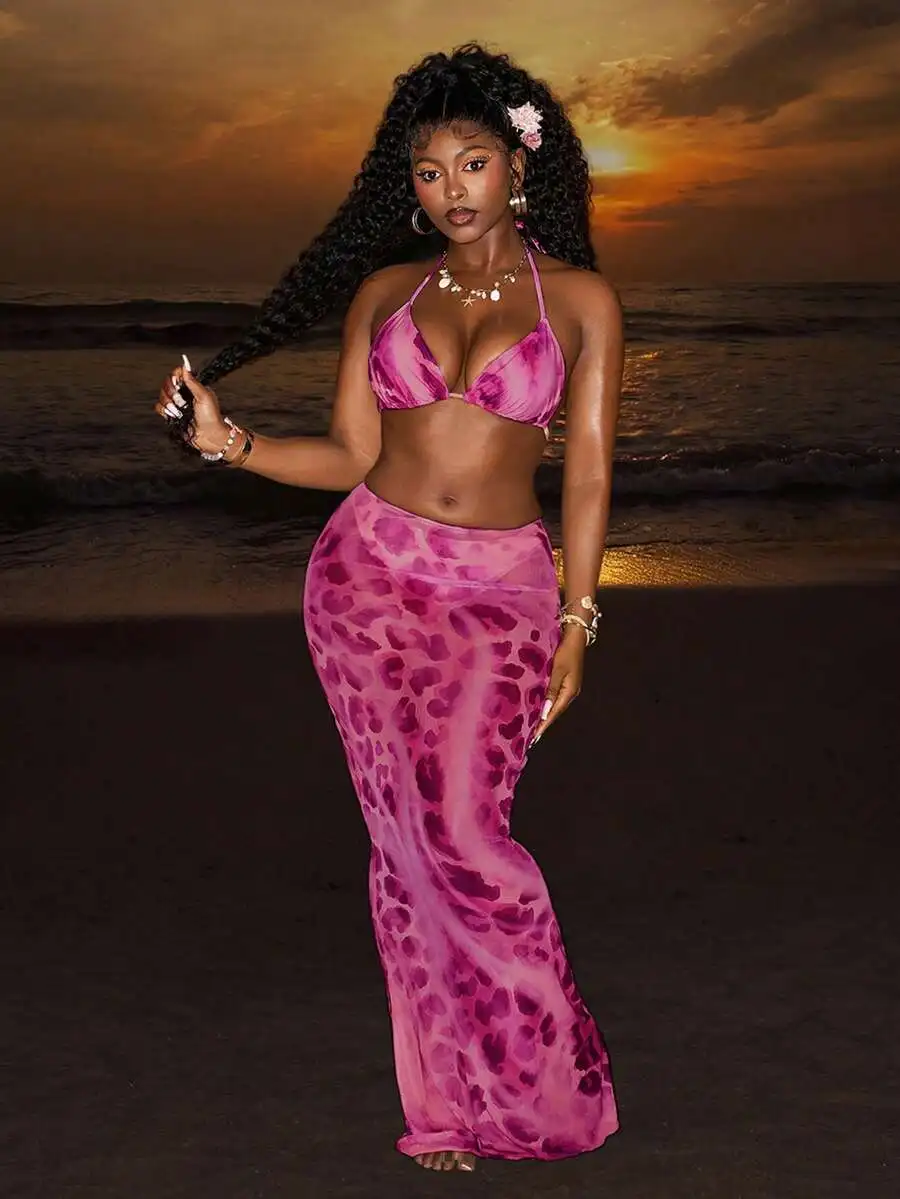 

Pink Leopard Print Mesh Tie-Up Bra Top And Bodycon Maxi Dress Swimsuit Set