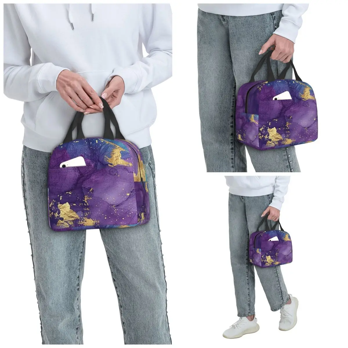 Blue Purple Gilded Luxury Gold Marble Insulated Lunch Bag for Kids Cooler Thermal Food Box Tote Portable Lunch Boxes Container