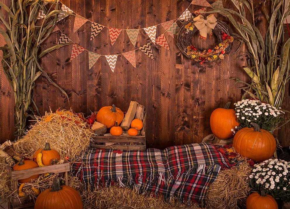 Autumn Halloween Backdrop for Photography Bumper Harvest Pumpkins Maple Leaves Vintage Brick Wall Photo Background Photocall