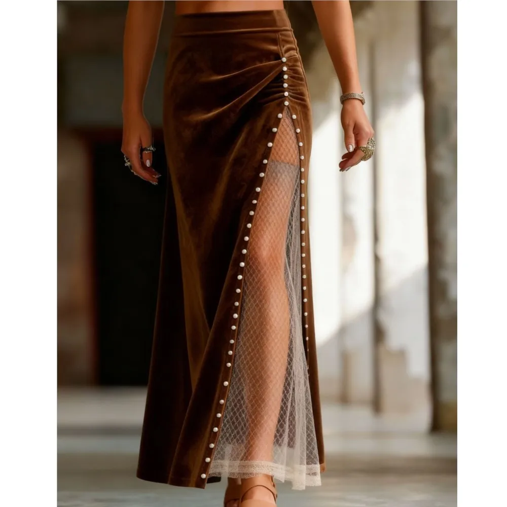 

Mesh Stitching Beaded Skirt Fashion New Spring Summer Women's Retro Western Solid Color Casual Loose Long Skirt Roupas Feminina