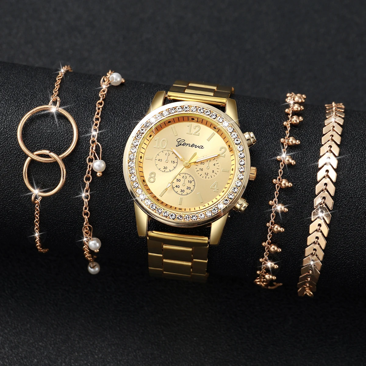 5PCS/Set Fashion Rhinestone Women\'s Watch Silver Alloy Band Analog Quartz Watches Bracelets Set