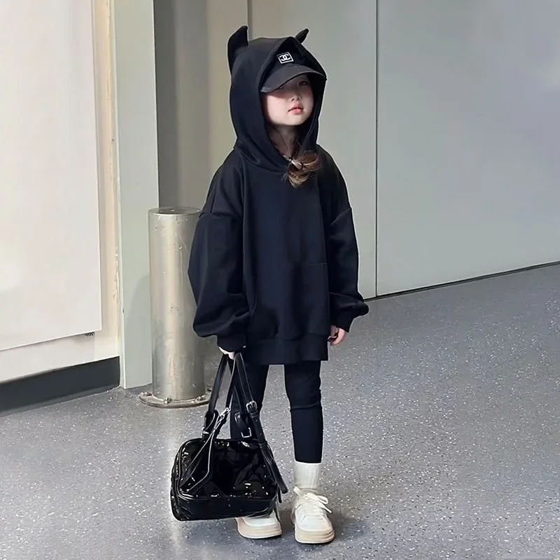 Girls Middle-Big Kids 2025 Autumn-Winter New Solid Color Long Sleeve Loose Fit Stylish Black Hoodie