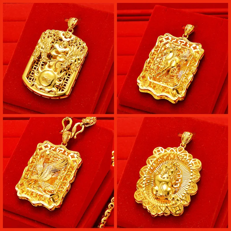 

AU999 gold necklace mens domineering square pendant 24k pure gold neck ornaments Pixiu necklace pendant boss chain