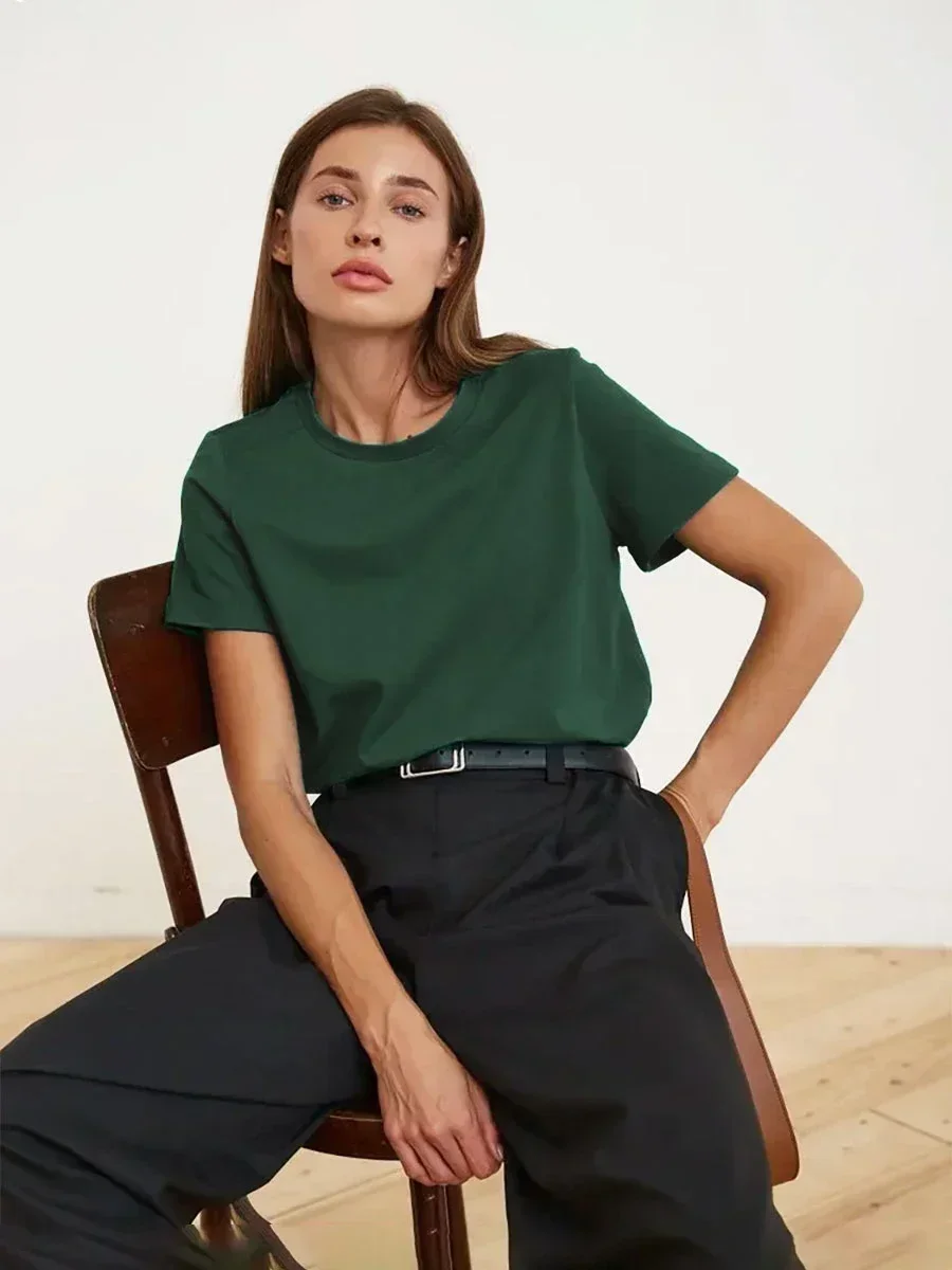 Summer 100% Cotton Women's T-shirt Bottoming Basic Fashionable Solid Lady Short Sleeve Loose Tops Shirts 200g/㎡ Tops
