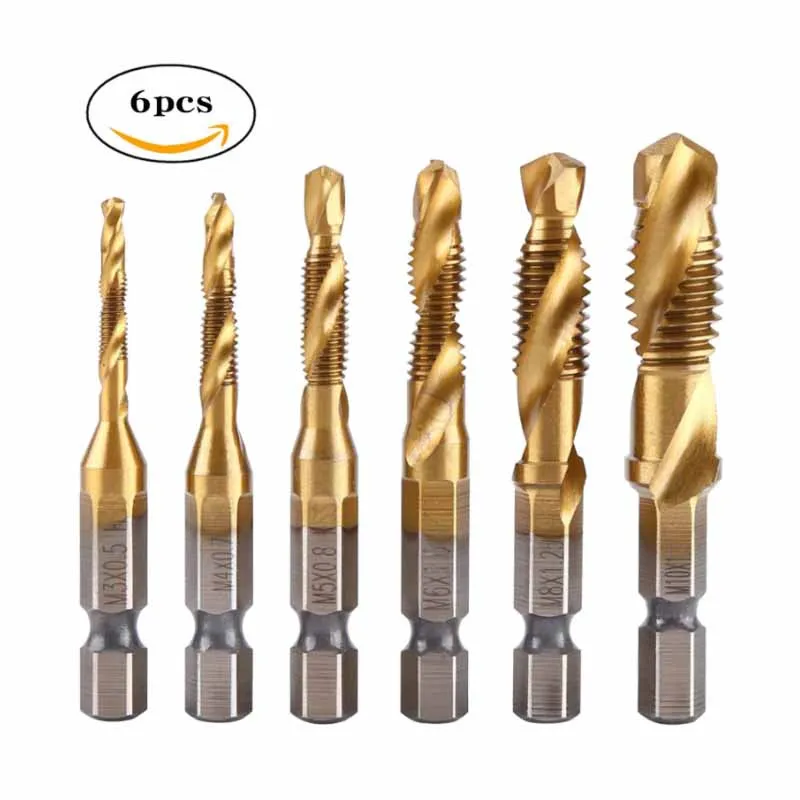 M3 M4 M5 M6 M8 M10 Tap Drill Titanium Plated Hex Shank HSS Screw Machine Compound Hand Tools Metric Thread Tap Drill Bits Set