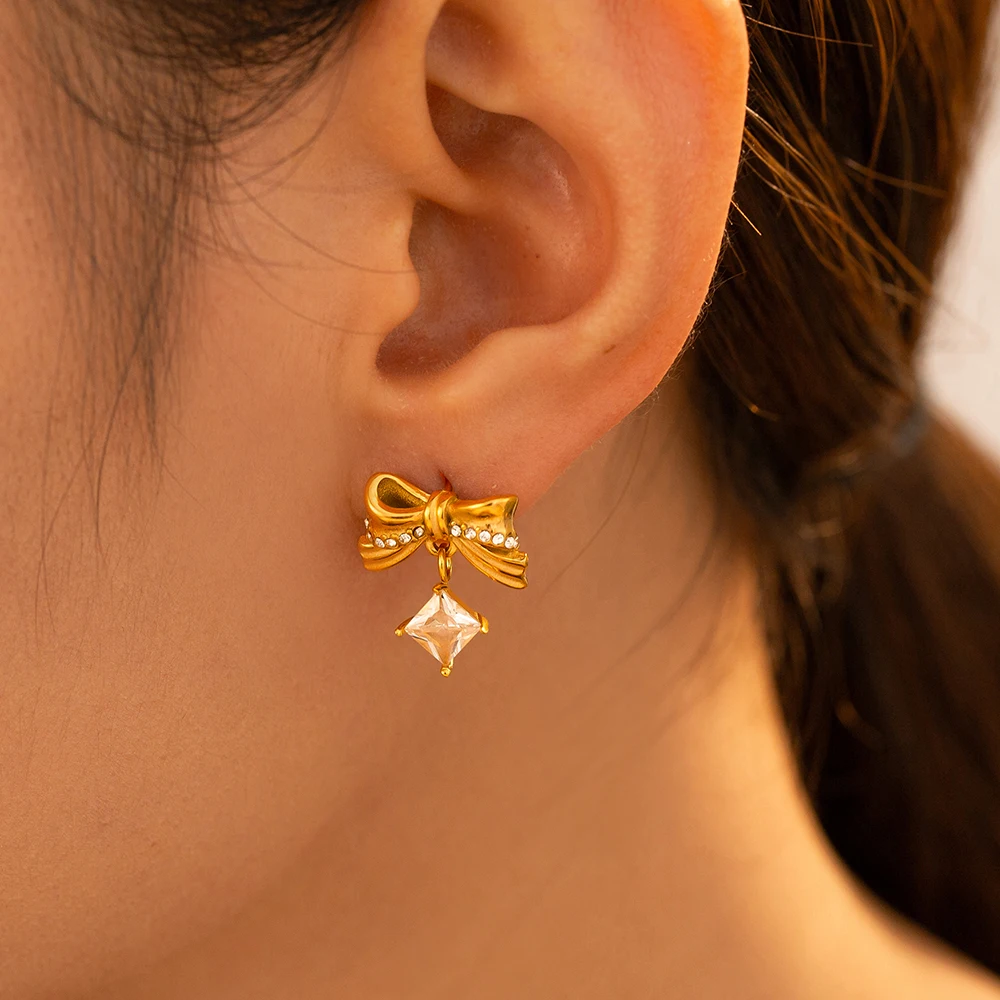 Bowknot Fashion Earrings for Women Stainless Steel Square White Zircon Ear Stud Charm Female Gold Plated Jewelry Wholesale